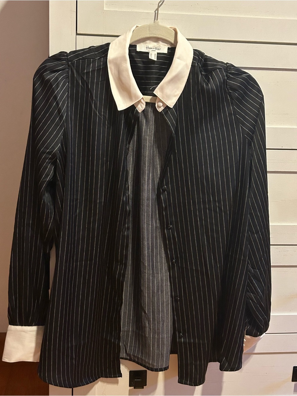 Black Pinstripe Shirt with Off-White Collar